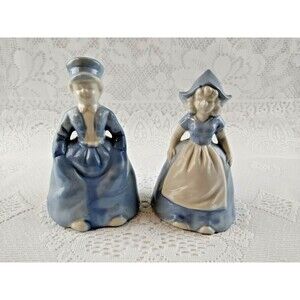 Dutch Boy and Girl Figures Bells w Foil Label Price Imports Blue White Vintage